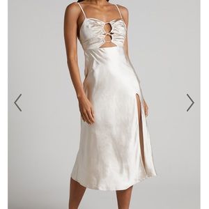 SHOWPO - JIANNE MIDI DRESS - CUT OUT BIAS CUT SATIN SLIP DRESS IN CHAMPAGNE